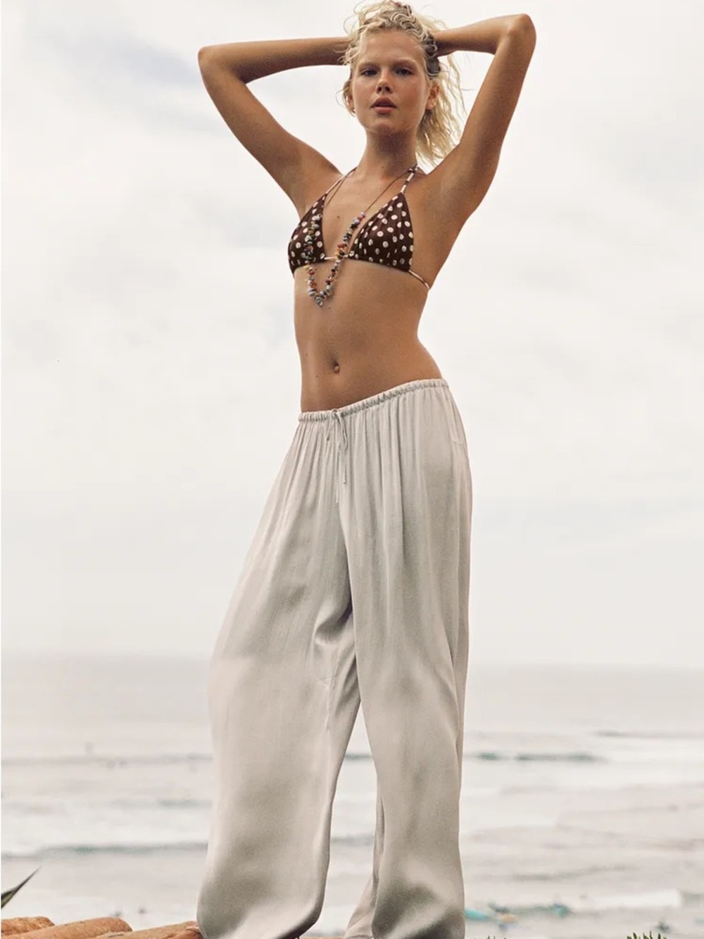 Zara Cream Palazzo Wide-Leg Drawstring Trousers